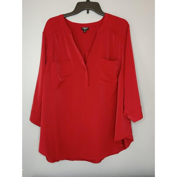 Torrid Harper Blouse Womens 3X Red Split Neck Roll Tab Sleeve High Low Hem - Picture 11 of 14